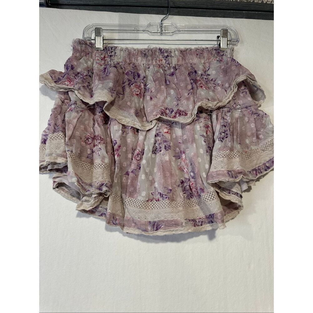 LoveShackFancy Floral Ruffle Mini Skirt Swiss Dot Lace Trim Lavender Pink Medium